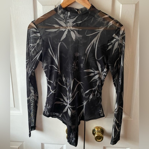 ALLSAINTS Rutland Elia Black Floral Mesh Long Sleeve Mock Neck Bodysuit SZ 2 - Picture 3 of 12